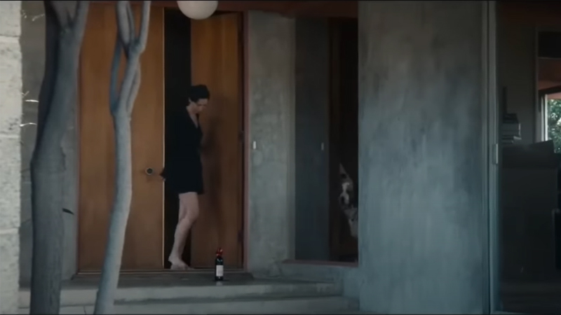 Gordo berdiri dengan hadiah di depan rumah modern